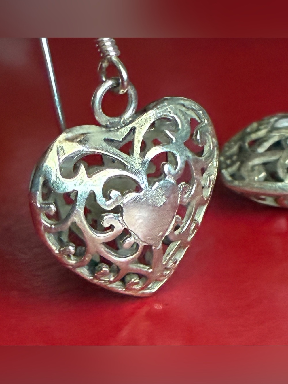 925 Silver Earrings,Heart Filigree Drop Earrings - Silver Heart Dangles - Picture 3 of 6